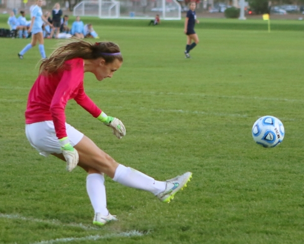 Shadow Ridge goalie Jenna Gallagher kicks the ball during a Division I Sunset Region girls s ...