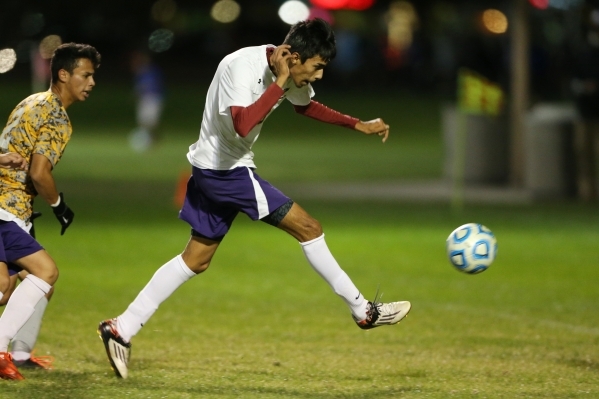 Durango&lsquo;s Giovanni Rodriguez (10) kicks the ball for a goal against Bonanza in their S ...