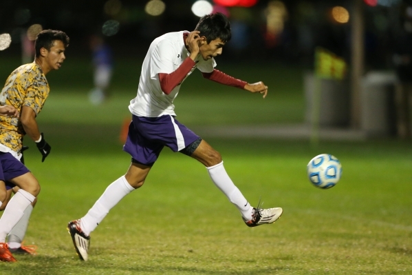 Durango‘s Giovanni Rodriguez (10) kicks the ball for a goal against Bonanza in their S ...