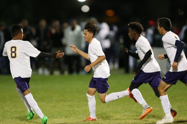 Durango&lsquo;s Jaime Munguia (9), second from left, celebrates his goal with his teammates ...