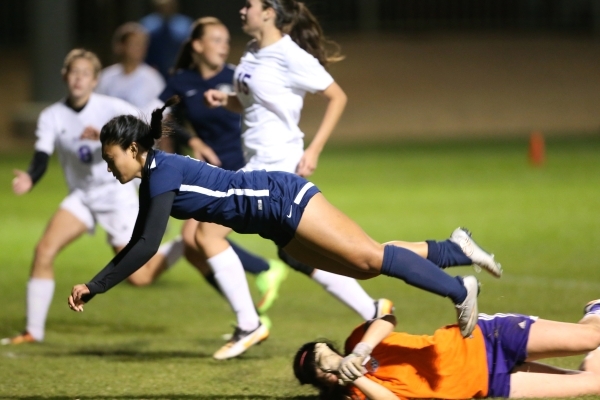 Foothill‘s Myriah Epino (9) takes a dive in her attempt to score a goal against Foothi ...