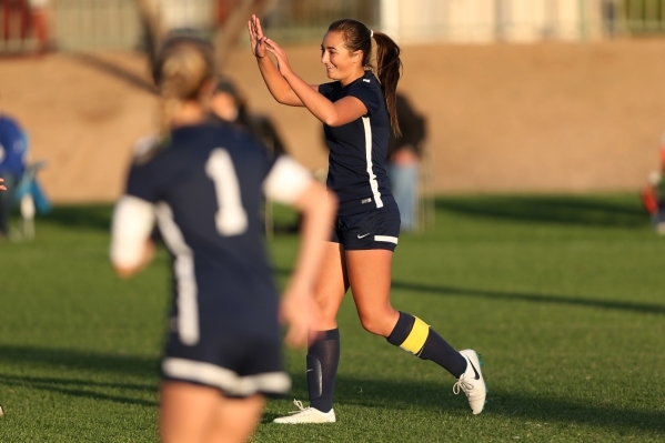 Foothill‘s Katherine Ballou (6) celebrates her goal against Silverado in the girls Sun ...
