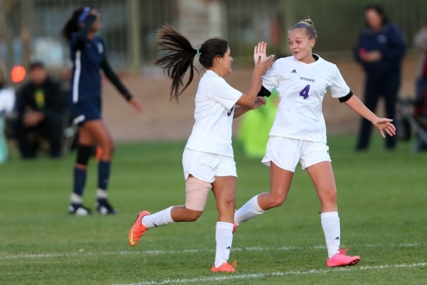 Silverado‘s Victoria Sanchez (3) celebrates her goal against Foothill with her teammat ...