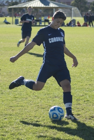 Coronado‘sMichael Schwob (3) kicks the ball up the field during the Sunrise Region boy ...