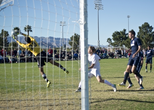 Coronado‘s Harrison Skinner (23) stops the ball during the Sunrise Region boys soccer ...