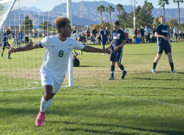 Green Valley‘s Ricardo Nunez (8) celebrates a goal during the Sunrise Region boys socc ...