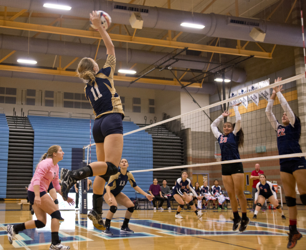 Foothill‘s Whitley Brow (11) puts the ball over the net during the Sunrise Region girl ...