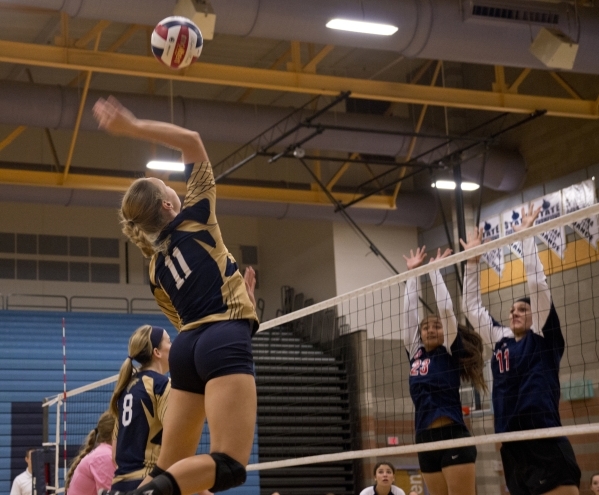 Foothill‘s Whitley Brow (11) puts the ball over the net during the Sunrise Region girl ...