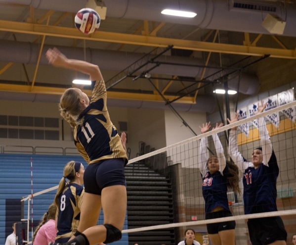 Foothill‘s Whitley Brow (11) puts the ball over the net during the Sunrise Region girl ...