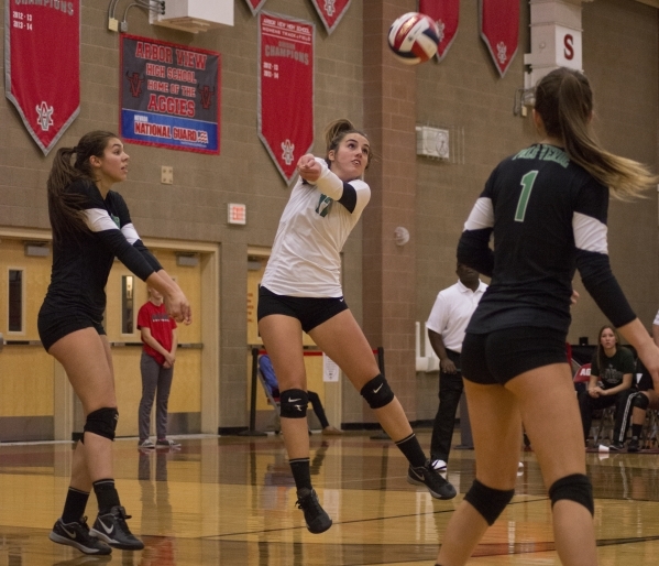 Palo Verde‘s Virginia Rallo (17) hits the ball during the Sunset Region girls volleyba ...