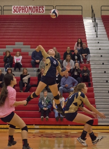 Foothill‘s Whitley Brow (11) hits the ball during the Sunrise Region girls volleyball ...