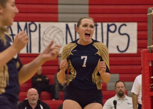 Foothill‘s Courtney Nilson (7) celebrates a point during the Sunrise Region girls voll ...