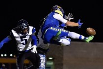 Moapa Valley‘s R.J. Hubert reached out to make a catch against Desert Pines‘ Edd ...