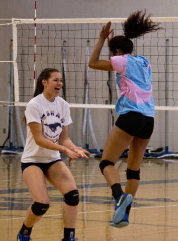 Shadow Ridge girls volleyball players Whittnee Nihipali, left, and Eadara Files celebrate du ...