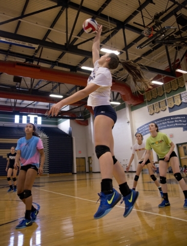 Shadow Ridge girls volleyball player Whittnee Nihipali hits the ball during practice at Shad ...