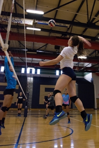 Shadow Ridge girls volleyball player Whittnee Nihipali hits the ball during practice at Shad ...