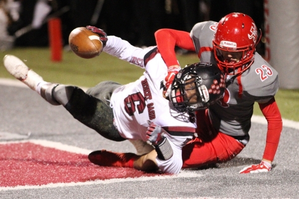 Desert Oasis Zion Jones (6) is tackled after intercepting a pass intended for Arbor View&lsq ...