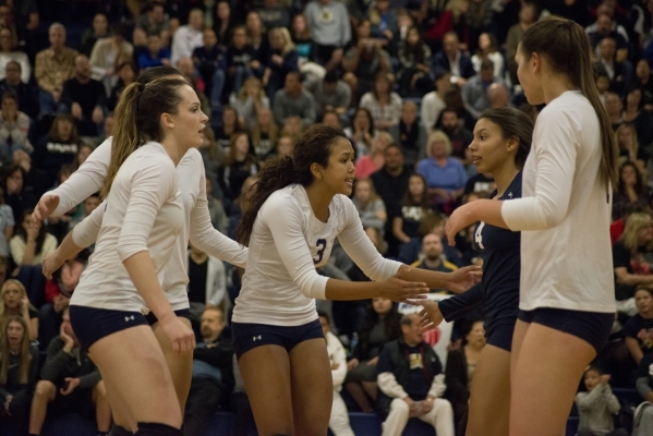 Shadow Ridge‘s Eadara Files (3) encourages her teammates during the Division I state s ...