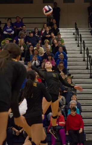 Bishop Manogue‘s Alli Reviglio (5) hits the ball during the Division I state semifinal ...