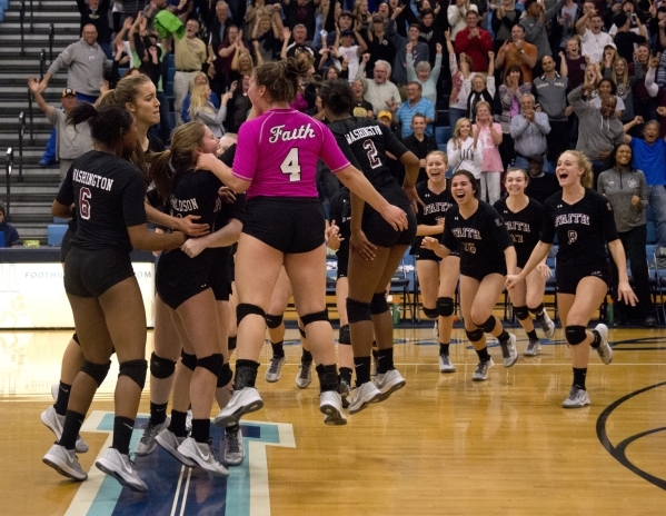 Faith Lutheran celebrates after winning the Division I-A state volleyball final match over T ...