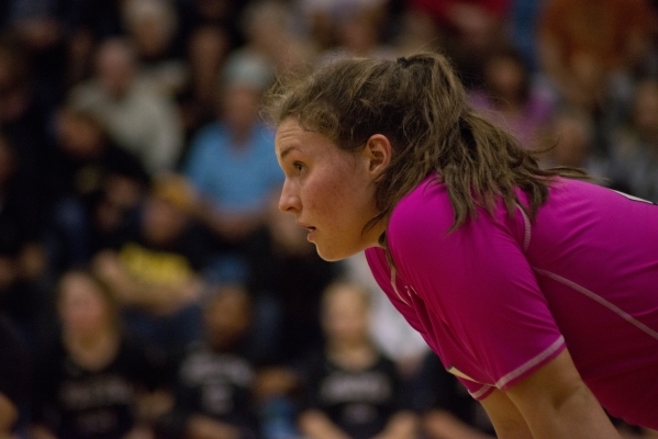 Faith Lutheran‘s Logan Van Reken (4) waits for the serve during the Division I-A state ...
