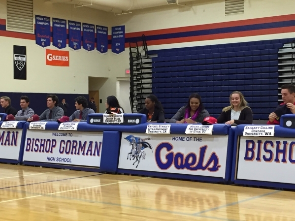 Bishop Gorman senior athletes sign their National Letters of Intent in the school‘s gy ...