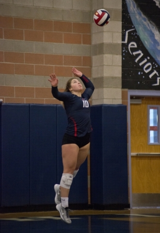 Coronado‘s Emily Bender (10) serves during the division I state volleyball final match ...