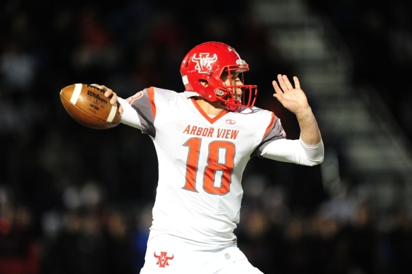 Arbor View quarterback Hayden Bollinger passes against Bishop Gorman in the second half of t ...