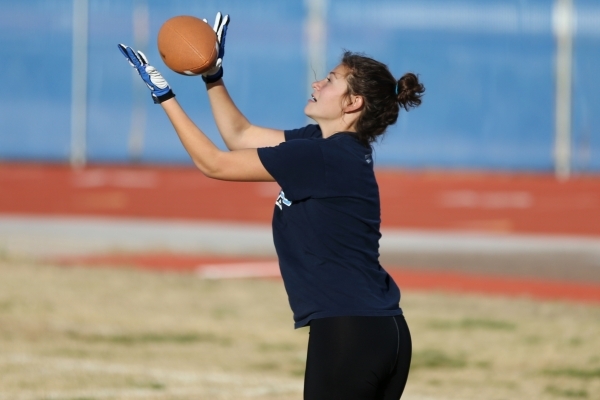 Centennial‘s Ashley Marshall reaches for a catch during a girl‘s flag football p ...