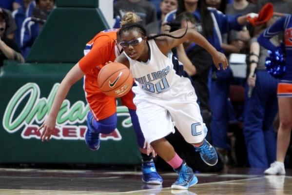 Centennial guard Tanjanae Wells runs a steal from Bishop Gorman up court during their Divisi ...