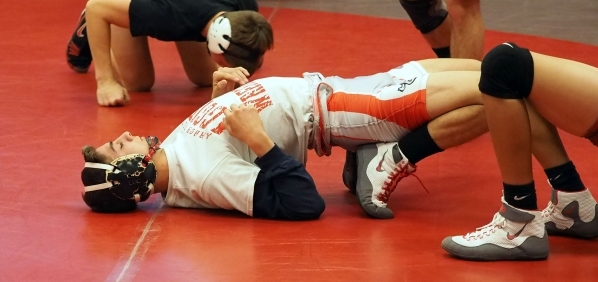 Varsity wrestler Lawrence Vigil works out at Arbor View High School in Las Vegas, Tuesday, D ...