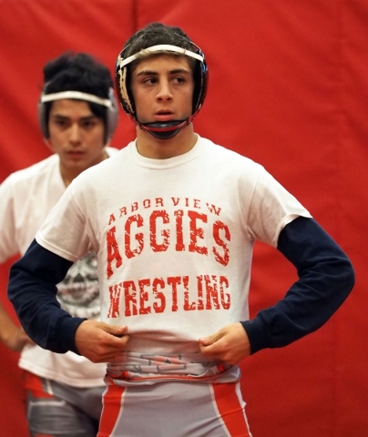 Varsity wrestler Lawrence Vigil works out at Arbor View High School in Las Vegas, Tuesday, D ...