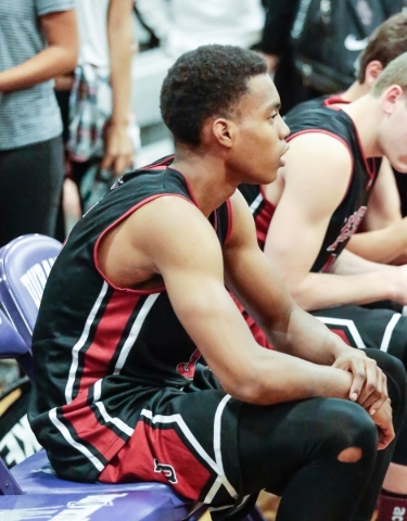 Desert Oasis senior forward Aamondae Coleman (5) takes a break during play in a game against ...