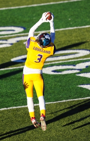 Sunrise safety Zach Loveland catches a Sunset All-Stars interception in the second half of t ...