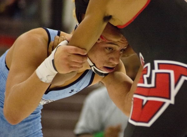 Centennial&lsquo;s Nico Antuna, left, wrestles Las Vegas&lsquo; Aaron Najera during a quad m ...