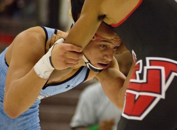 Centennial‘s Nico Antuna, left, wrestles Las Vegas‘ Aaron Najera during a quad m ...