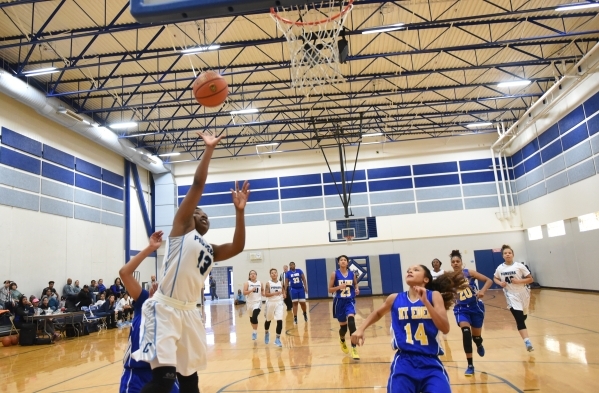 Canyon Springs Ke‘Ajanae Haley (13) shoots the ball against California‘s Mount E ...