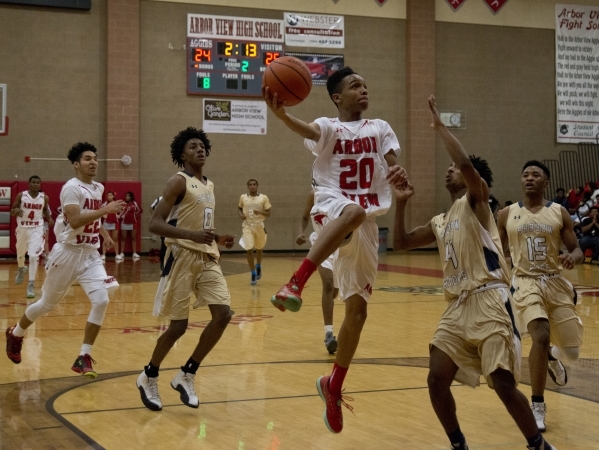 Arbor View‘s Comillion Smith (20) puts up a shot during their home game against Shadow ...