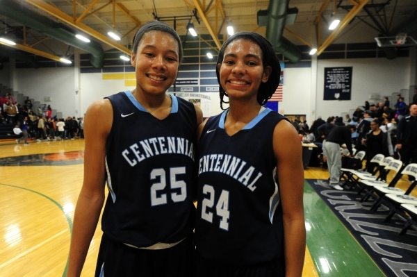 Centennial guards and sisters Samantha Thomas (25) and Bailey Thomas (24) are seen after the ...