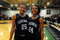 Centennial guards and sisters Samantha Thomas (25) and Bailey Thomas (24) are seen after the ...