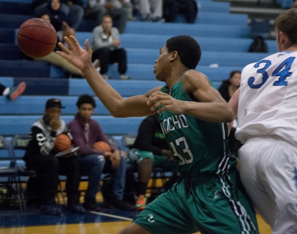 Rancho‘s Lamont Traylor (33) tries to save the ball from going out of bounds during th ...