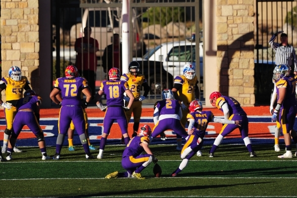 Sunset All-Stars kicker James Drye (10) of Arbor View High School kicks a point-after attemp ...