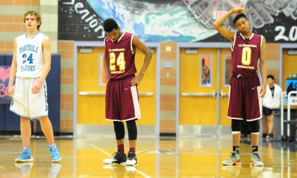 Eldorado‘s Reggie Ingram III (24) and Dereonte Allen (0) react after allowing Foothill ...