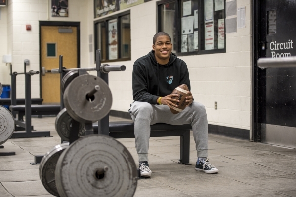 UNR football commit Kameron Toomer poses for a photo in the Palo Verde High School weight ro ...
