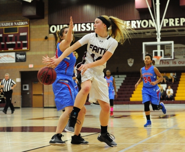 Faith Lutheran guard Sam Caruth, right, passes in front of Western guard Heather Gonzalez in ...