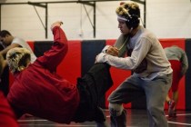 Antonio Saldate, right, spars with Nick Sablan during practice inside the wrestling room at ...