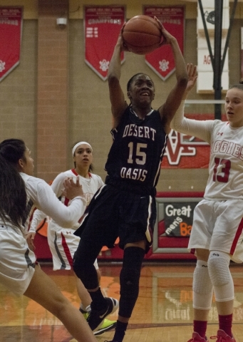 Desert Oasis forward Ahmaya Smith (15) takes a shot during their game against Arbor View at ...
