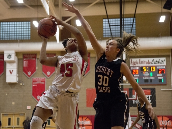 Arbor ViewÂ´s Autumn Westmoreland (45) takes a shot as Desert Oasis‘ Sierra Mich&lsq ...