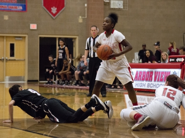 Arbor ViewÂ´s Alaysia Reed (25) looks to pass after a struggle for the ball during their g ...