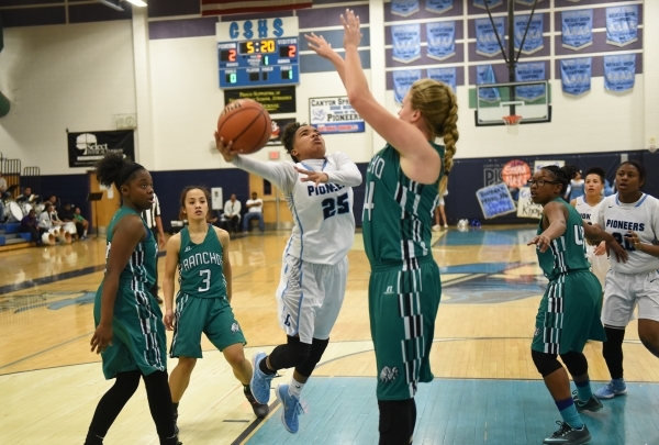 Canyon Springs D‘Licya Feaster (25) goes up for a shot against Rancho‘s Samantha ...